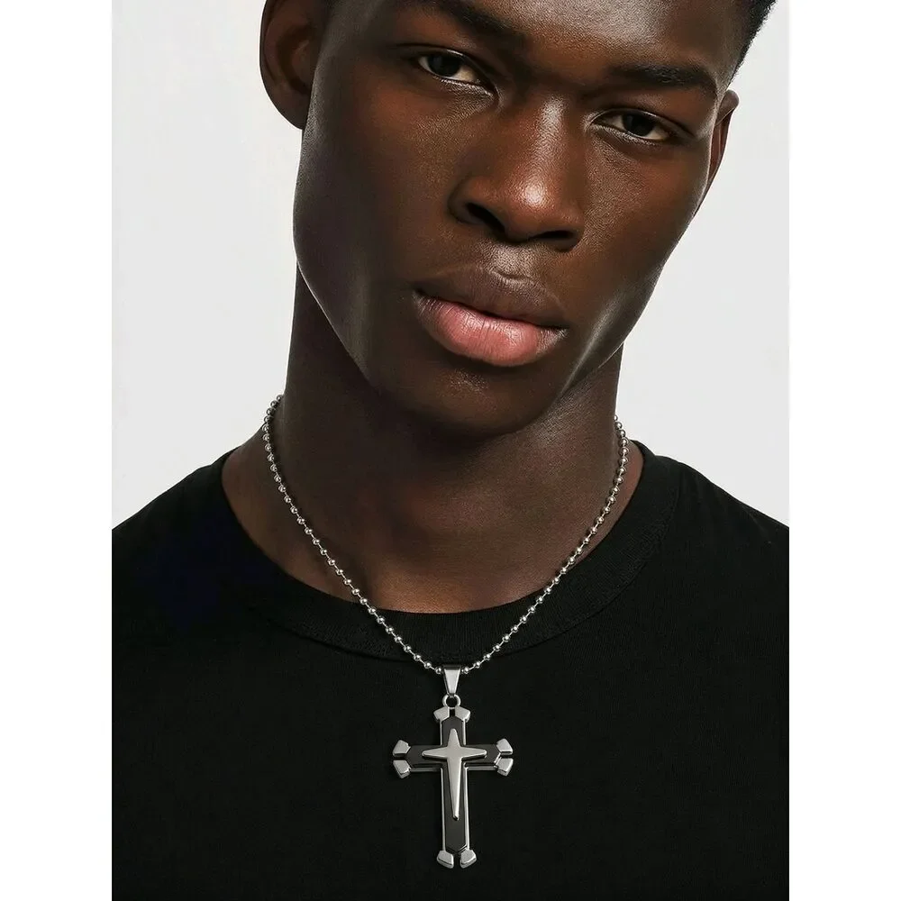 Black Silver Layered Cross Necklace Christian Faith Pendant Religious Jewelry